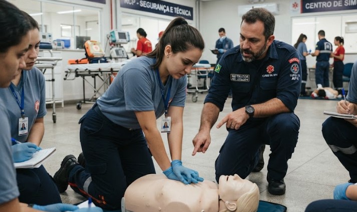 Alunos do curso de Atendimento Pré-Hospitalar (APH) realizando treinamento prático de primeiros socorros com manequim no centro O Bombeiro Civil