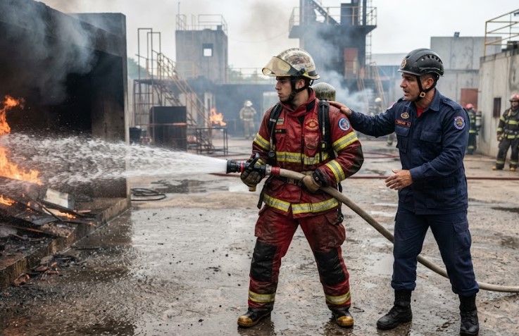 Aluno em treinamento prático do curso de Bombeiro Civil em Osasco, usando equipamento de proteção individual sob orientação de instrutor