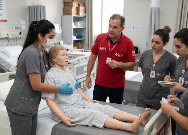 Alunos do curso de Cuidador de Idoso realizando treinamento prático de cuidados e primeiros socorros no centro O Bombeiro Civil