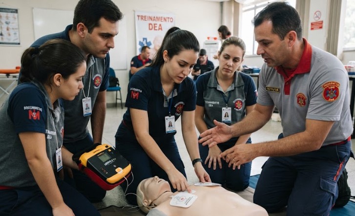 Alunos do curso de Desfibrilador Externo Automático (DEA) realizando treinamento prático com manequim no centro O Bombeiro Civil