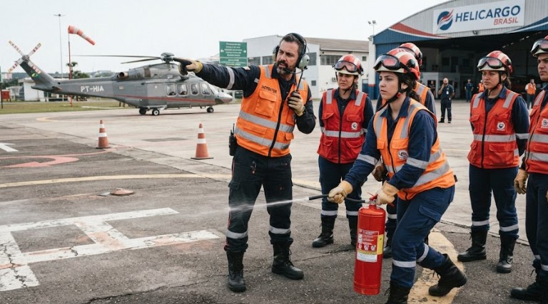 Alunos do curso de Heliponto realizando treinamento prático de segurança e operação em área de pouso de helicóptero no centro O Bombeiro Civil