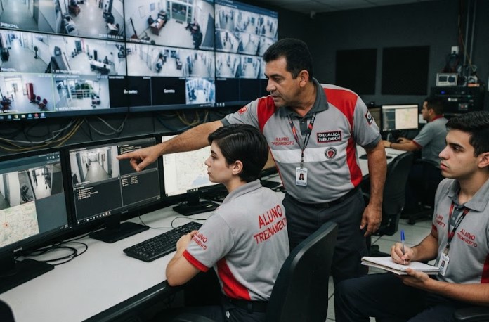Alunos do curso de Monitoramento e Controle de Acesso realizando treinamento prático em segurança eletrônica no centro O Bombeiro Civil