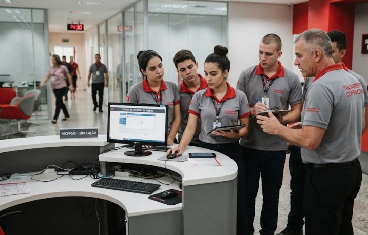 Alunos do curso de Portaria realizando treinamento prático de atendimento e controle de acesso no centro O Bombeiro Civil