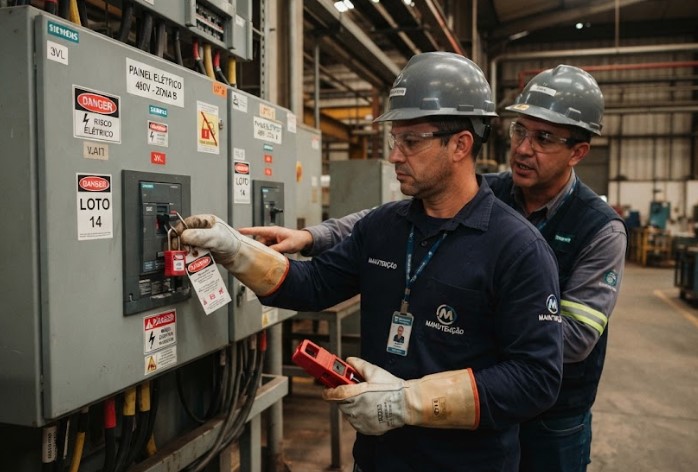 Trabalhador em treinamento de NR 10 realizando bloqueio e aterramento de circuito elétrico, usando luvas isolantes e equipamento de proteção