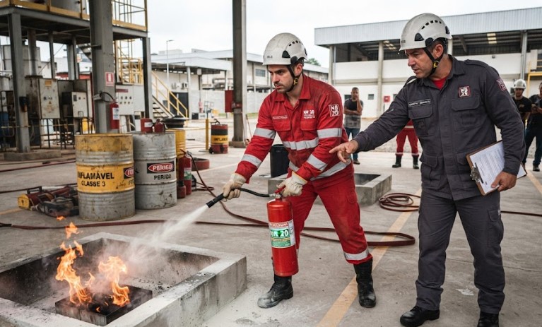 Trabalhador em treinamento de NR 20 sobre manuseio seguro de líquidos inflamáveis, com instrutor orientando o uso de equipamento de combate a incêndio