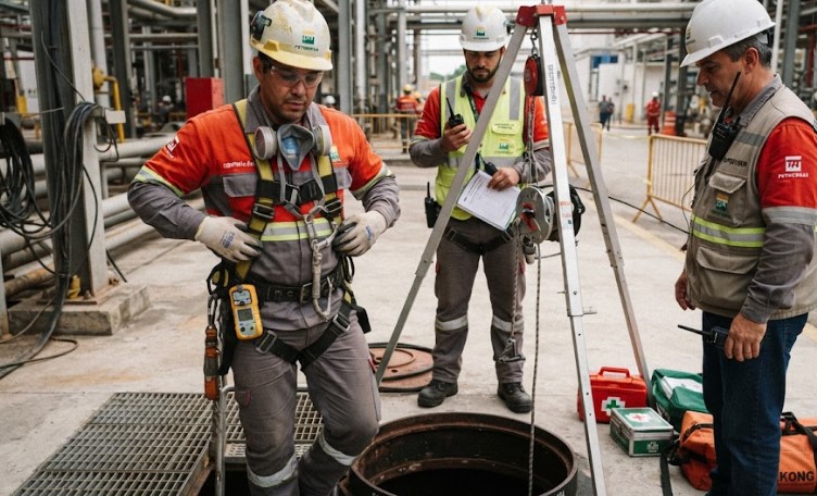 Trabalhador em treinamento de NR 33 realizando entrada segura em espaço confinado, com vigia acompanhando do lado de fora